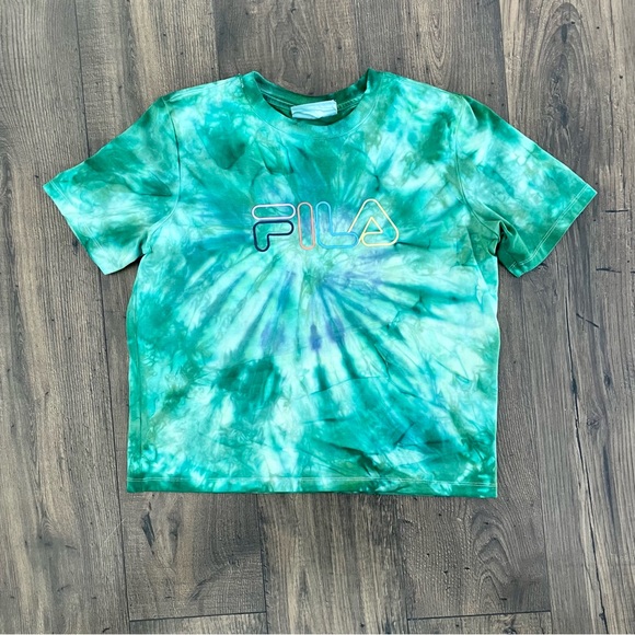 FILA Green Tie Dye Logo Crop Top Graphic Tee Shirt Women S - Picture 2 of 7